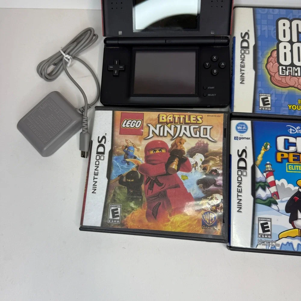 Nintendo DS Lite Crimson Red Black Console Bundle with Charger and 3 Games